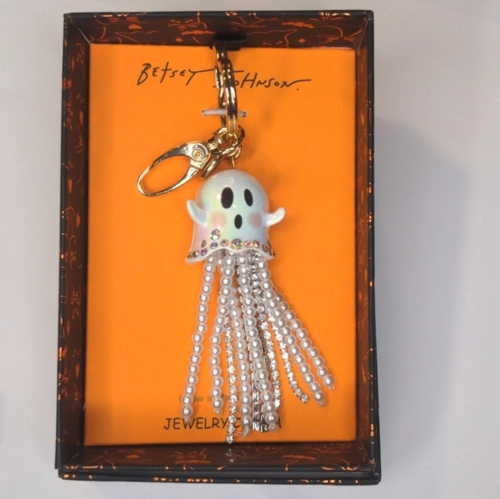 🤍▪Betsey Johnson▪️ Ghost Glow In Dark Keychain Key Fob Handbag Charm Halloween